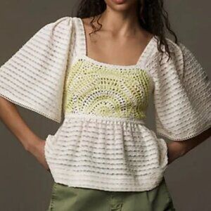 Sarah Hann by Anthropologie Crochet Flutter Sleeve Top